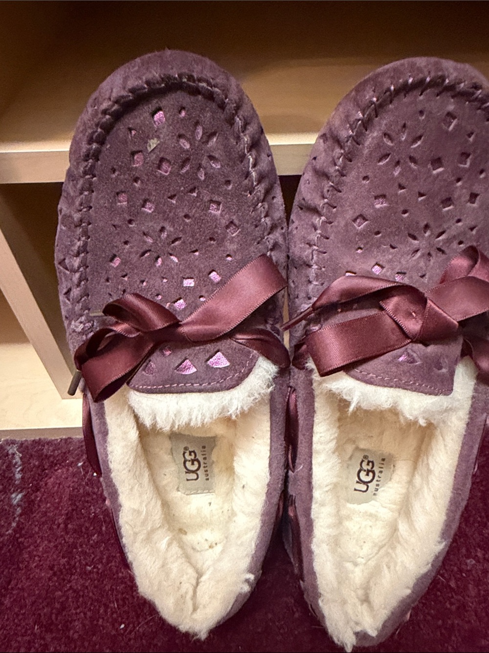 UGG Women's Wine Suede Shearling Moccasins with Satin Bow - Picture 3 of 4